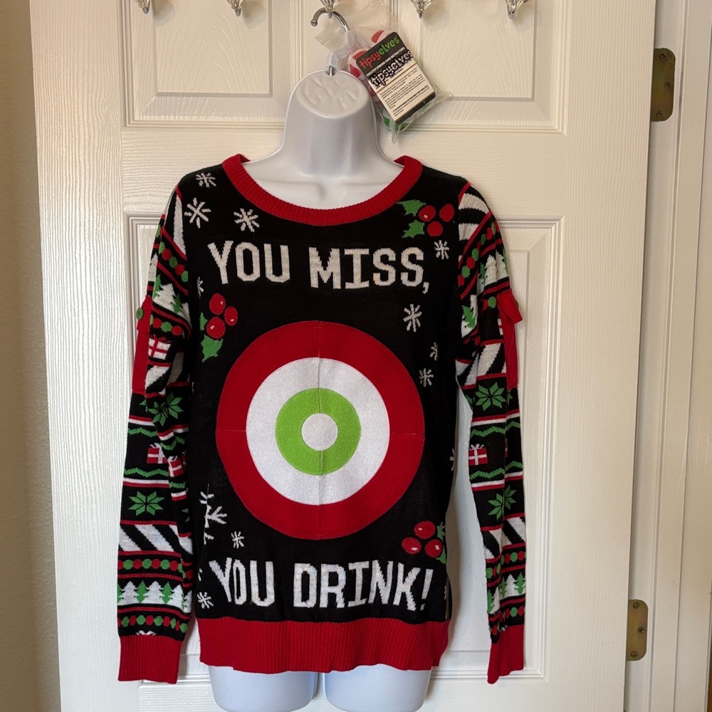 Tipsy Elves Festive Black and Red Women's Sweater Drinking Game Size Small